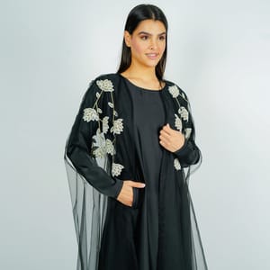 Luxurious Tulip-Embroidered Tulle Abaya with Matching Inner Dress Rosette Abaya - Women's Abayas 1