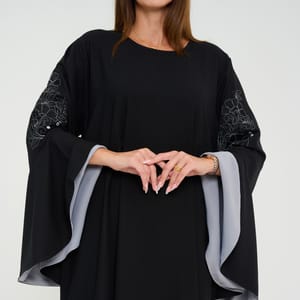 Black Abaya With French Cut Flowing Grey Sleeves With Embroidery