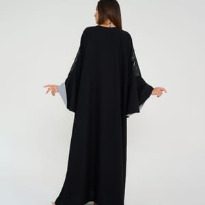 Black Abaya With French Cut Flowing Grey Sleeves With Embroidery