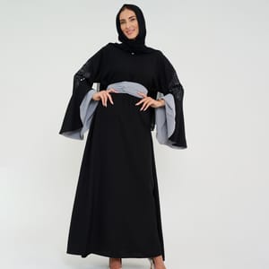 Black Abaya With French Cut Flowing Grey Sleeves With Embroidery