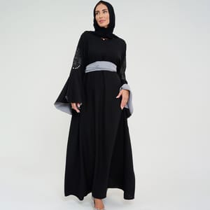 Black Abaya With French Cut Flowing Grey Sleeves With Embroidery