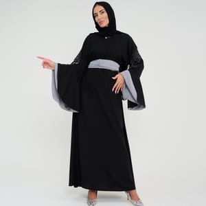 Black Abaya With French Cut Flowing Grey Sleeves With Embroidery