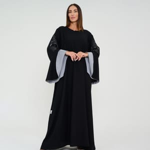 Black Abaya With French Cut Flowing Grey Sleeves With Embroidery