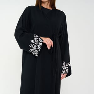 Black Open Abaya With Embroidery Design On Sleeves