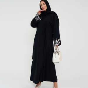 Black Open Abaya With Embroidery Design On Sleeves