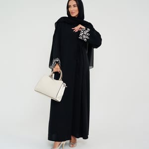 Black Open Abaya With Embroidery Design On Sleeves
