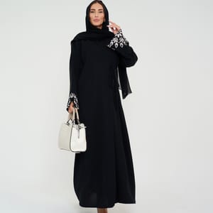 Black Open Abaya With Embroidery Design On Sleeves