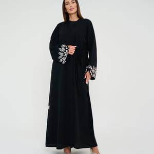 Black Open Abaya With Embroidery Design On Sleeves