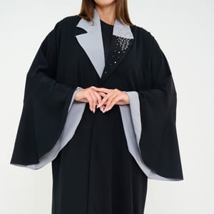 Abaya With Grey Neck Design+Hand Embroidery and Flowing Sleeves Double Color Abaya With Grey Neck Design+Hand Embroidery and Flowing Sleeves Double Color