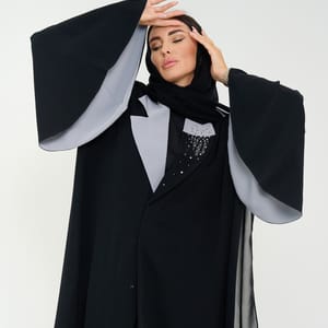 Abaya With Grey Neck Design+Hand Embroidery and Flowing Sleeves Double Color Abaya With Grey Neck Design+Hand Embroidery and Flowing Sleeves Double Color