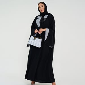 Abaya With Grey Neck Design+Hand Embroidery and Flowing Sleeves Double Color Abaya With Grey Neck Design+Hand Embroidery and Flowing Sleeves Double Color