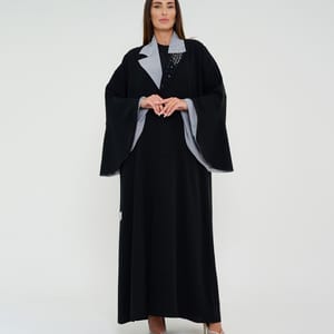 Abaya With Grey Neck Design+Hand Embroidery and Flowing Sleeves Double Color