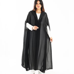 Elegant Chiffon Black Abaya With Embroidered Jacket Collar Design