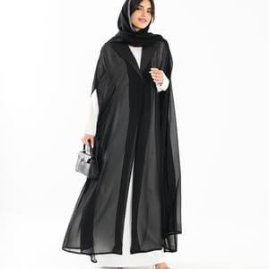 Elegant Chiffon Black Abaya With Embroidered Jacket Collar Design