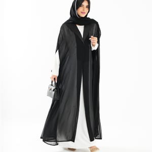 Elegant Chiffon Black Abaya With Embroidered Jacket Collar Design