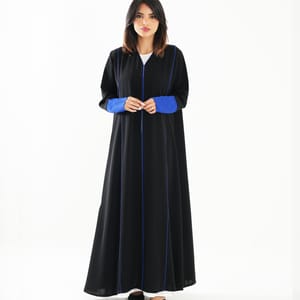 Open Abaya With Blue Piping Long Sleeves