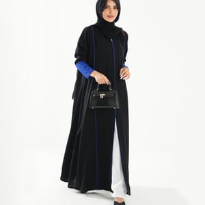Open Abaya With Blue Piping Long Sleeves