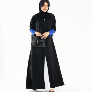 Open Abaya With Blue Piping Long Sleeves