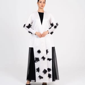 Off White Abaya With Black Flowers Embroidery Design
