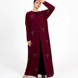 Abaya With Fionka Embroidery With Wide Sleeves - Burgundy Rosette Abaya - Women's Abayas 3