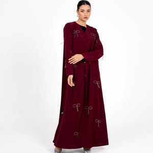 Abaya With Fionka Embroidery With Wide Sleeves - Burgundy Rosette Abaya - Women's Abayas 4