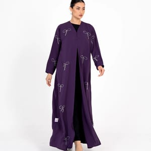 Abaya With Fionka Embroidery With Wide Sleeves - Purple Abaya With Fionka Embroidery With Wide Sleeves - Purple