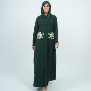 Elegant Blazer Style Abaya With Fantasy Embroidery Design - Green