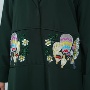 Elegant Blazer Style Abaya With Fantasy Embroidery Design - Green