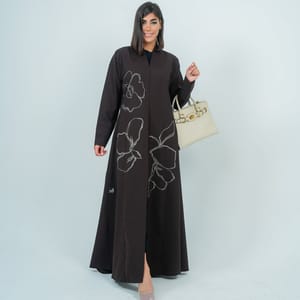 Embellishment Abaya With Embroidery Flowers Design - Brown Embellishment Abaya With Embroidery Flowers Design - Brown