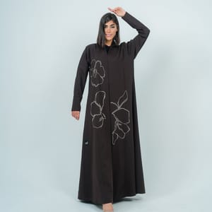 Embellishment Abaya With Embroidery Flowers Design - Brown Embellishment Abaya With Embroidery Flowers Design - Brown