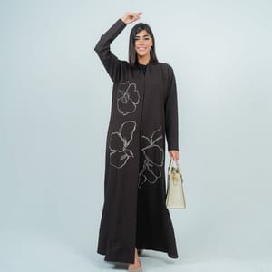Embellishment Abaya With Embroidery Flowers Design - Brown