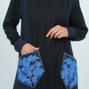 Embellishment Abaya With Embroidery Flowers Pocket - Blue