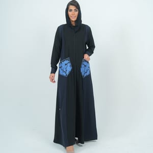 Embellishment Abaya With Embroidery Flowers Pocket - Blue