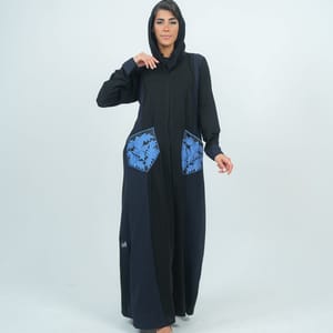 Embellishment Abaya With Embroidery Flowers Pocket - Blue