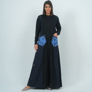 Embellishment Abaya With Embroidery Flowers Pocket - Blue