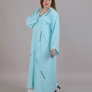 Turquoise V-Neck Open Abaya With Black Embroidery