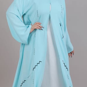 Turquoise V-Neck Open Abaya With Black Embroidery