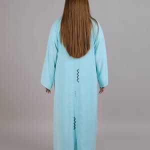 Turquoise V-Neck Open Abaya With Black Embroidery