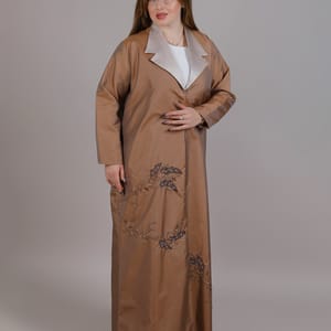 Brown Taffeta Embroidered Abaya With lapel Collar