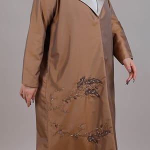 Brown Taffeta Embroidered Abaya With lapel Collar