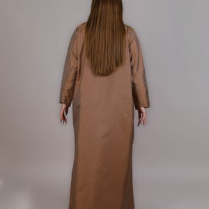 Brown Taffeta Embroidered Abaya With lapel Collar