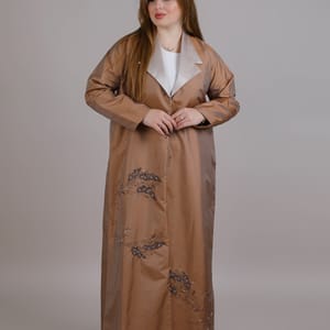 Brown Taffeta Embroidered Abaya With lapel Collar
