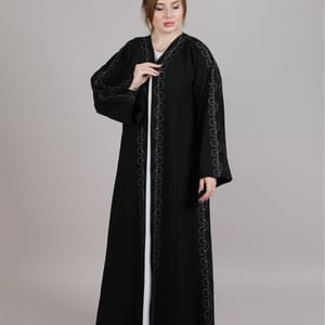 Black Crepe Embroidered Abaya With Split Cuffs