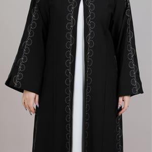Black Crepe Embroidered Abaya With Split Cuffs