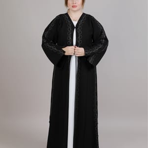 Black Crepe Embroidered Abaya With Split Cuffs