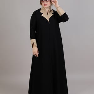 Black with Biege lapel Collar Abaya