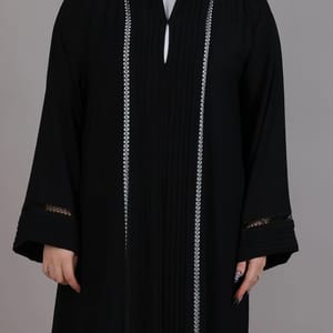 Black Korean Nida with Lace & Plated Combination Abaya
