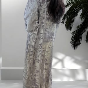 Front Open Double Shade Olive Grey Silk Abaya