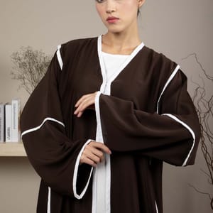 Elegant Front Open Brown Nida Abaya with White Contrast Piping