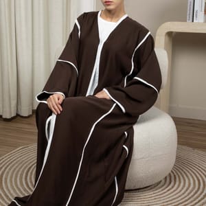 Elegant Front Open Brown Nida Abaya with White Contrast Piping